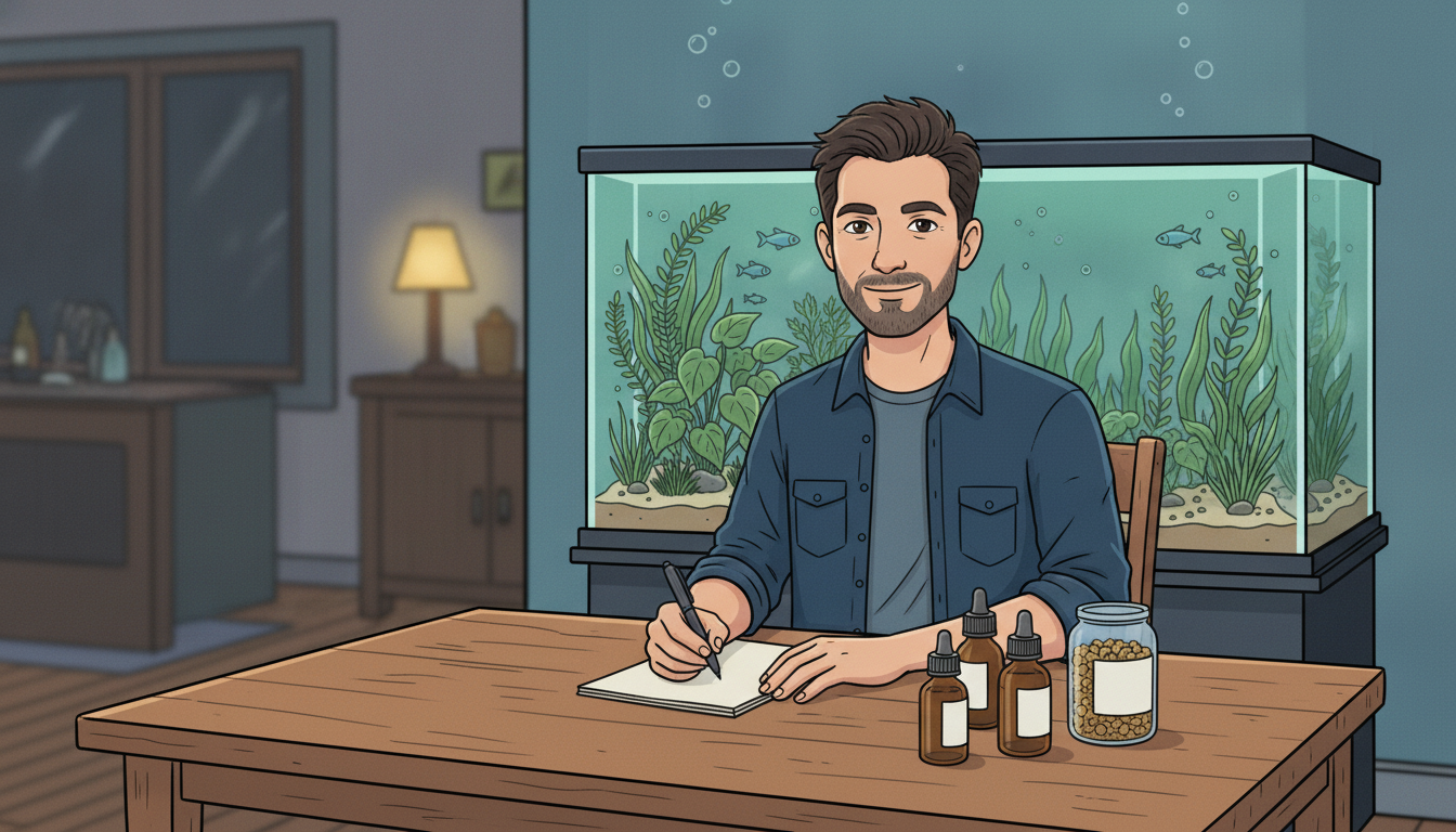 Cartoon illustration of Julian sitting at his kitchen table in the evening with a pen and a blank notepad, a row of small aquarium dosing bottles and a jar of fish-food pellets on the table beside him, his lit planted aquarium glowing directly behind