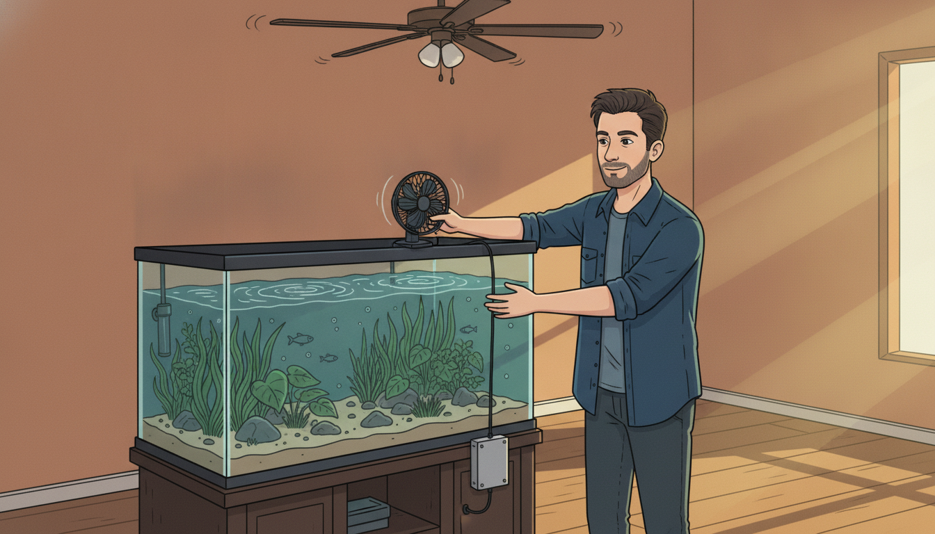 Cartoon illustration of Julian standing at a sunlit window beside a planted aquarium on a hot afternoon, a small clip fan angled across the water surface and a temperature controller hanging on the stand