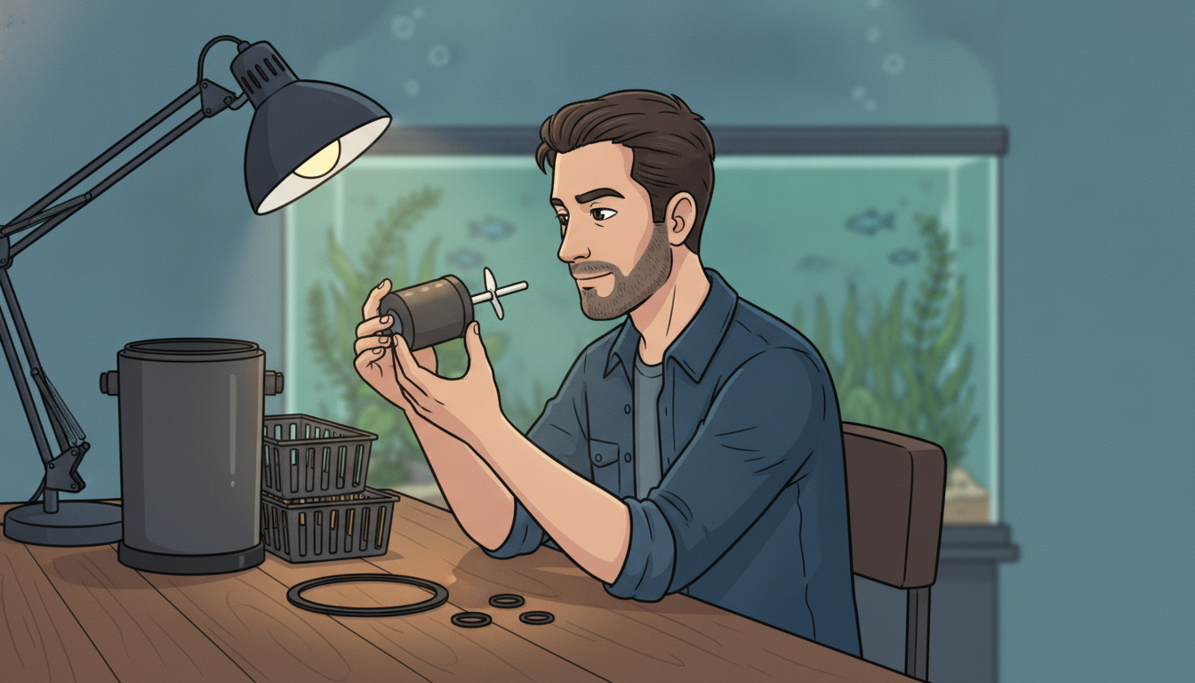 Cartoon illustration of Julian at a workbench under a work lamp, holding a magnetic impeller assembly up to the light to inspect it, with an opened canister filter, a media basket, a rubber lid gasket and two small O-rings laid out in front of him