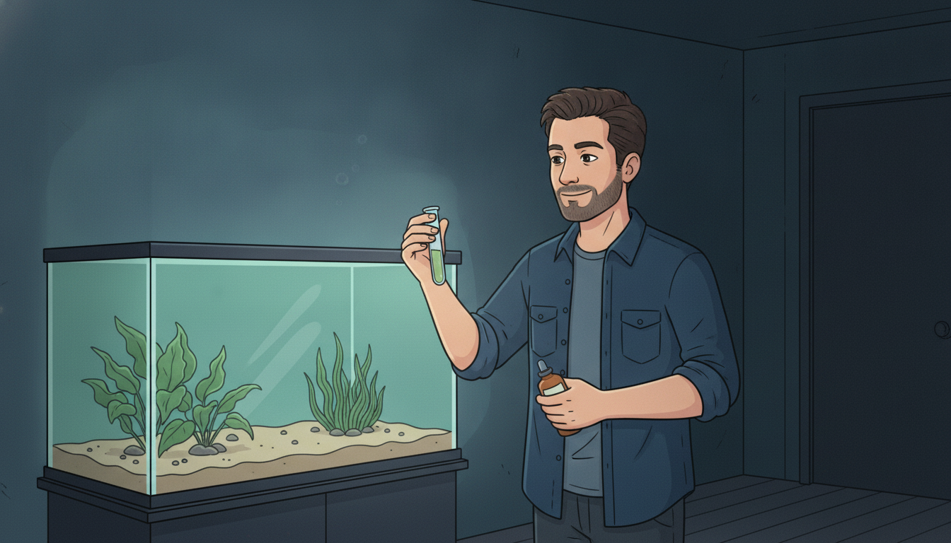Cartoon illustration of Julian standing beside a bare, fishless aquarium lit from above, holding a small dosing bottle in one hand and a test tube of water up to the light in the other