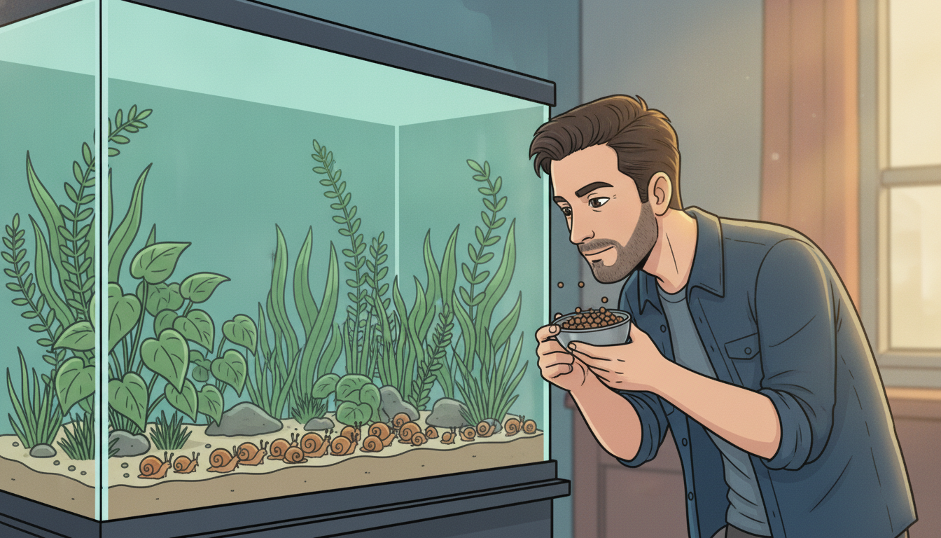 Cartoon illustration of Julian leaning in close to his planted aquarium in warm morning light, holding a small bowl of fish pellets in both hands while he studies a crowd of small brown snails grazing along the sand at the bottom of the tank