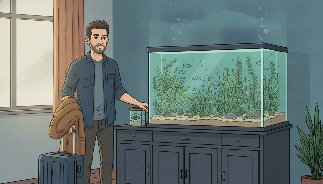 Cartoon illustration of Julian on his way out the door beside a lit planted aquarium, a coat over one arm and a packed carry-on bag at his feet, his other hand resting on a still-closed container of fish food on the cabinet