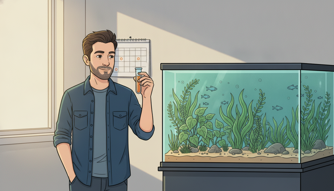 Cartoon illustration of Julian holding a test vial up to the light beside a lush planted aquarium, a small wall calendar with marked days hanging behind him