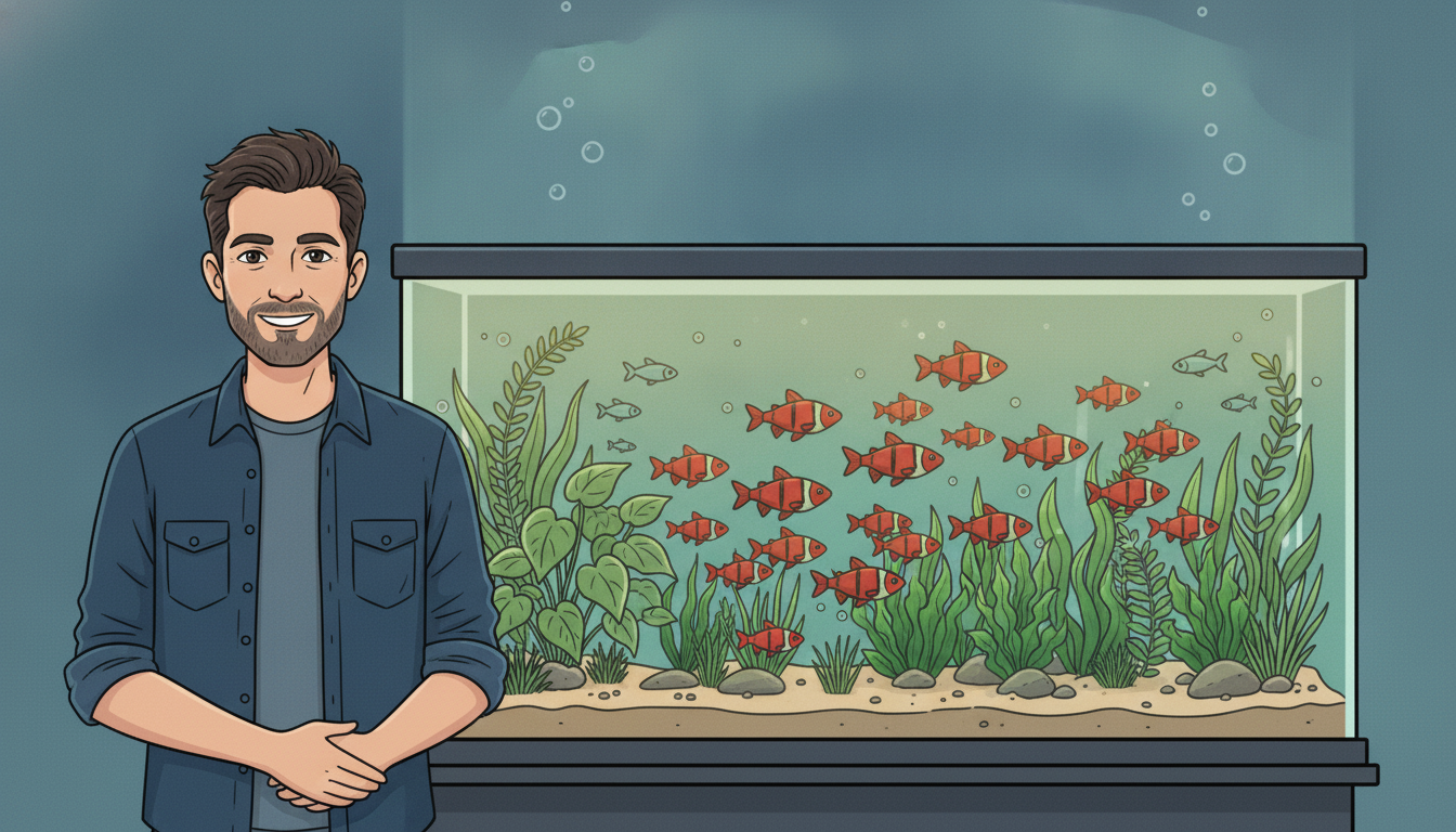 Cartoon illustration of Julian beside a glowing planted aquarium with a bright school of red-striped Odessa Barbs flashing across the foreground
