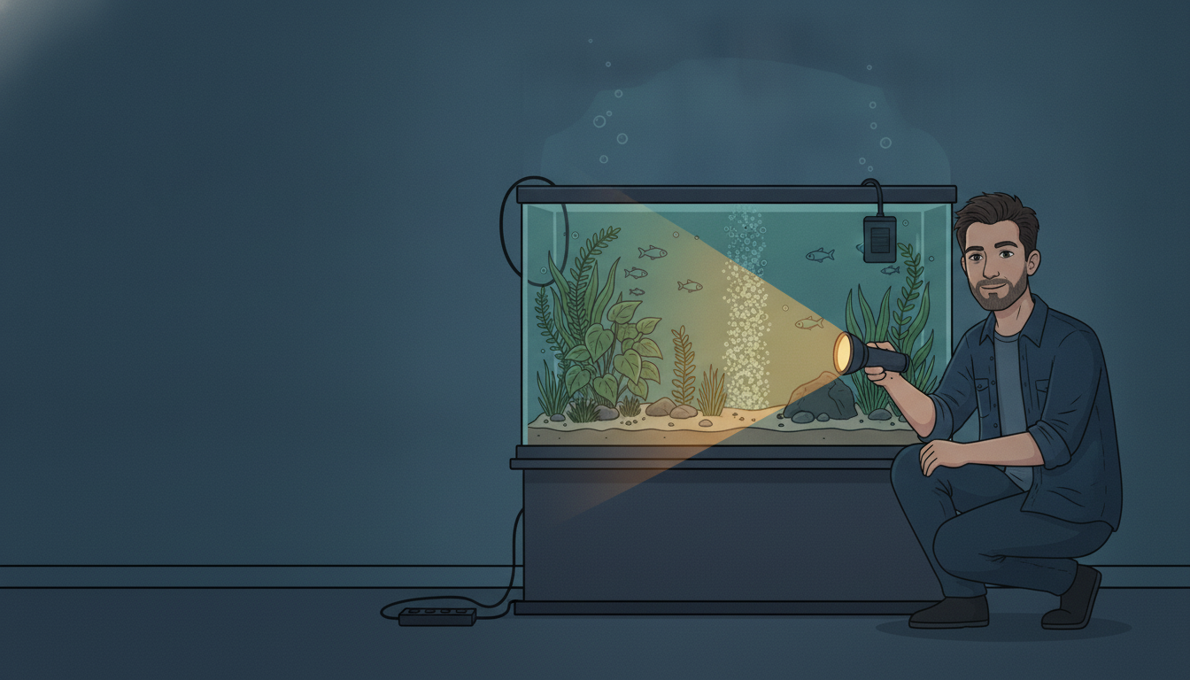 Cartoon illustration of Julian crouched in a dark room beside his aquarium during a blackout, a flashlight beam catching a column of bubbles from a small battery air pump clipped to the tank rim, the power bar on the floor completely dark