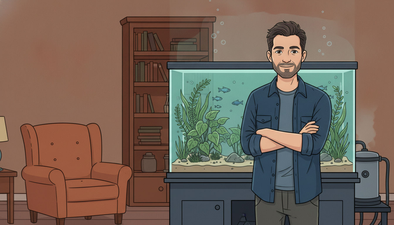 Cartoon illustration of Julian standing back with his arms crossed, calmly studying a lightly-stocked planted aquarium with an oversized canister filter humming beside the stand