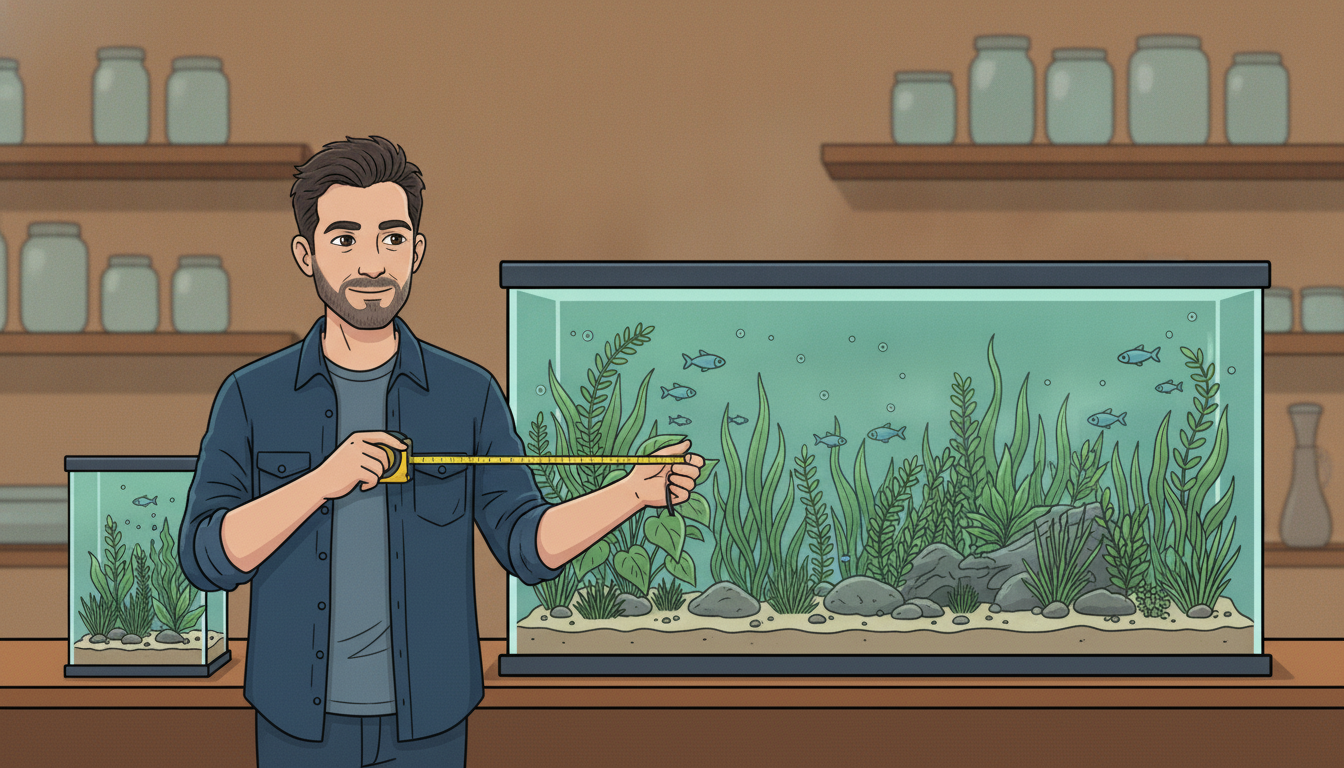 Cartoon illustration of Julian in a warmly lit fish store stretching a tape measure across the front of a large planted aquarium, with a much smaller tank sitting beside it on the same shelf for comparison